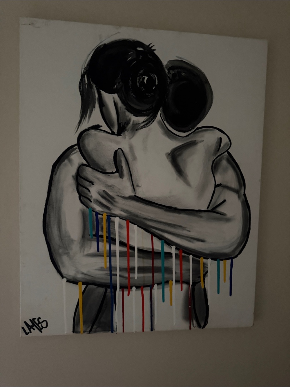 Black & White Embrace Canvas Wall Art with Color Drips